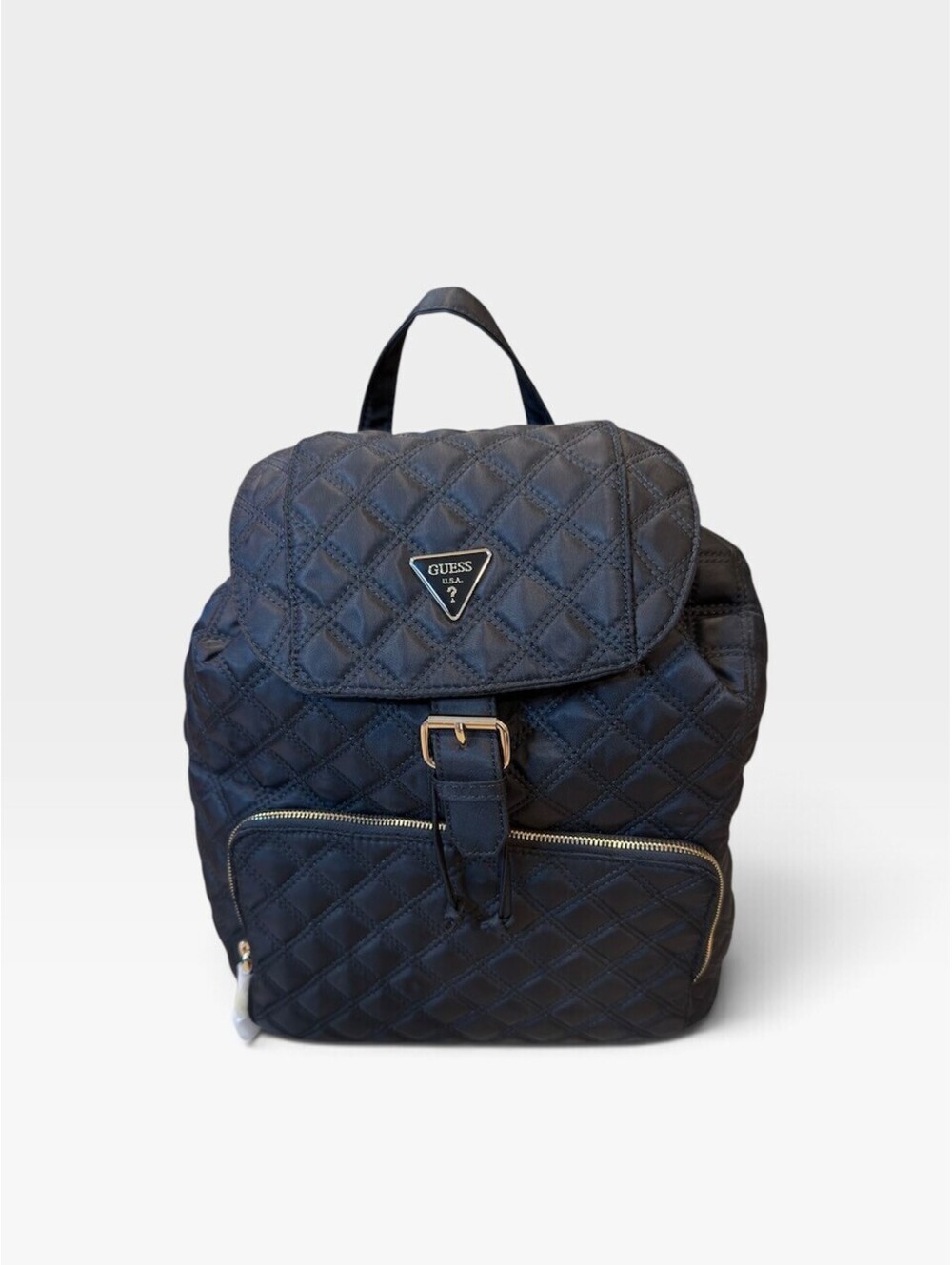 Guess Women's Black Quilted Flap Backpack Drawstring Buckle Triangle Logo New